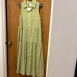 378. Nekane NKN Sleeveless Olive Eyelet Collared Maxi Dress with Button Front